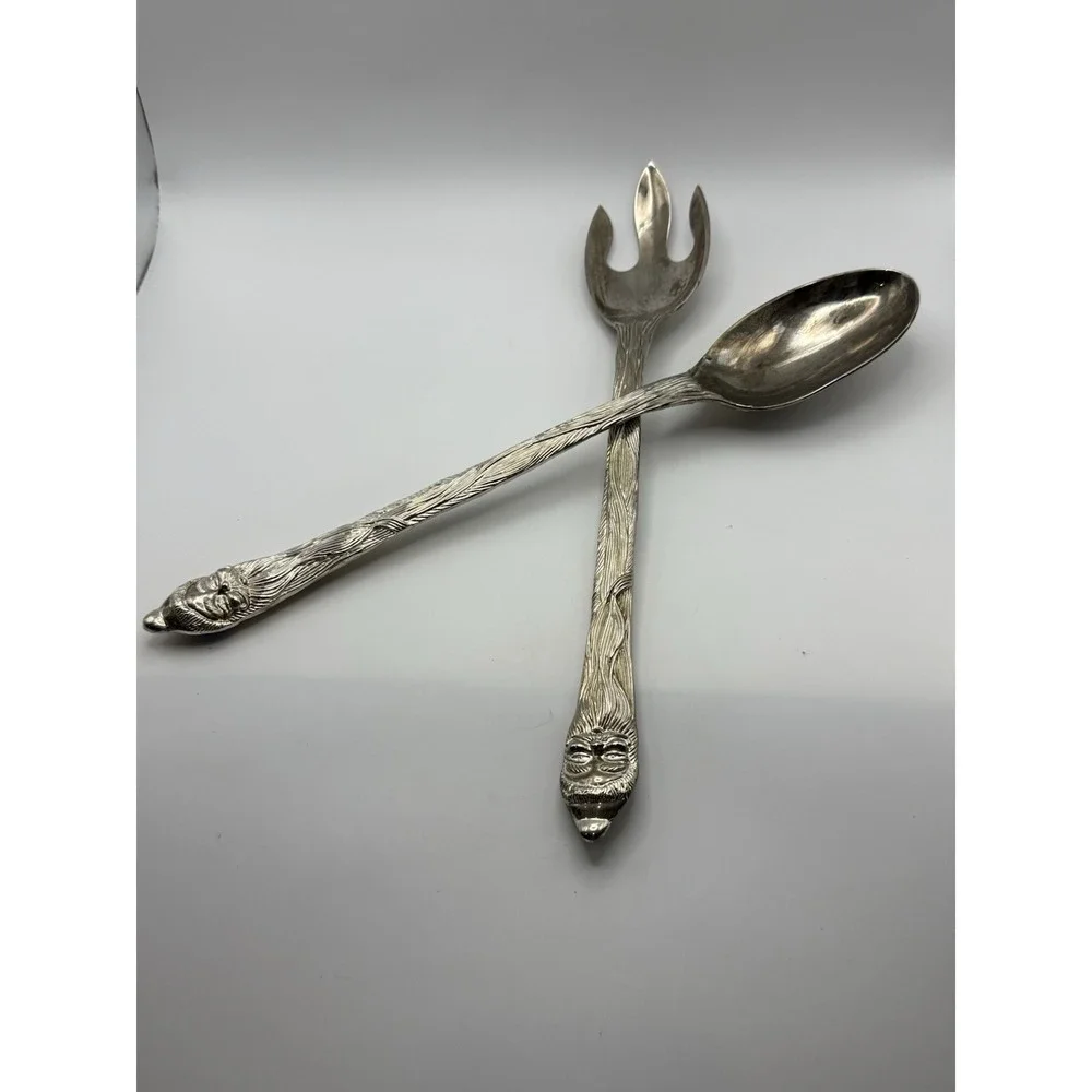 INTERNATIONAL SILVER Plated Christmas Santa Salad Serving Set Fork & Spoon 13